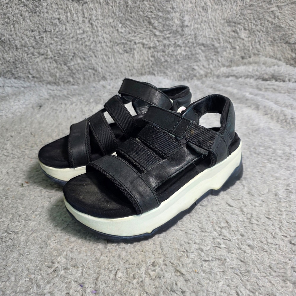 Teva Flatform Universal Sandal Black Leather‎ Strappy Platform Womens 6 Good